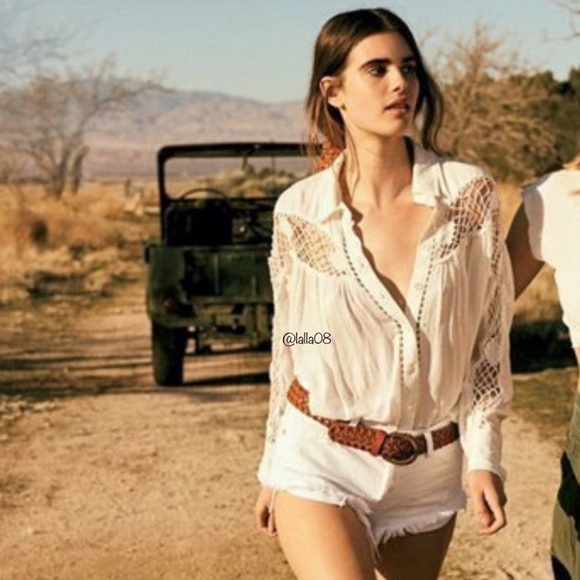 Free People Tops - Free People Katie Bird Lace Inset White Shirt